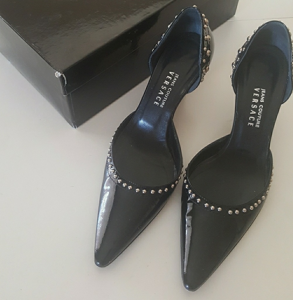 Versace black studded pointed heels